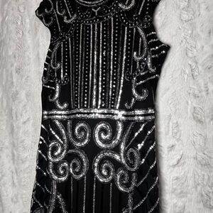 UNBRANDED Black & silver beaded midi dress with fringe hem